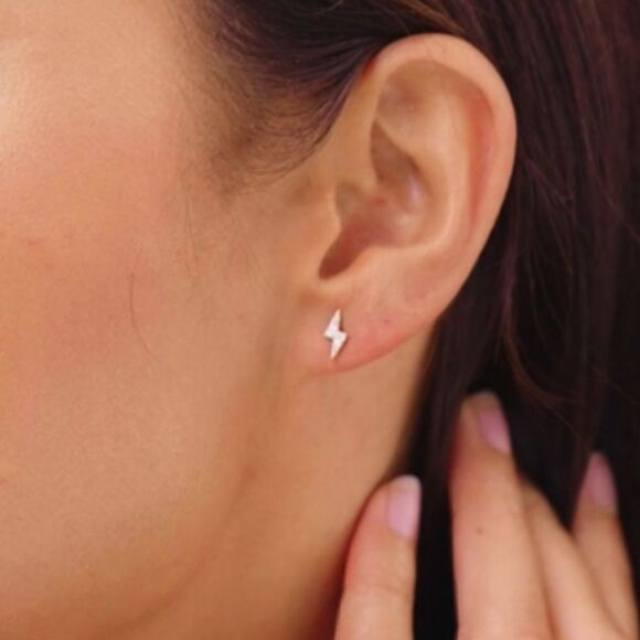 New CZ Gold over 925 Sterling Silver Lighting Bolt Stud Earrings - Picture 9 of 11